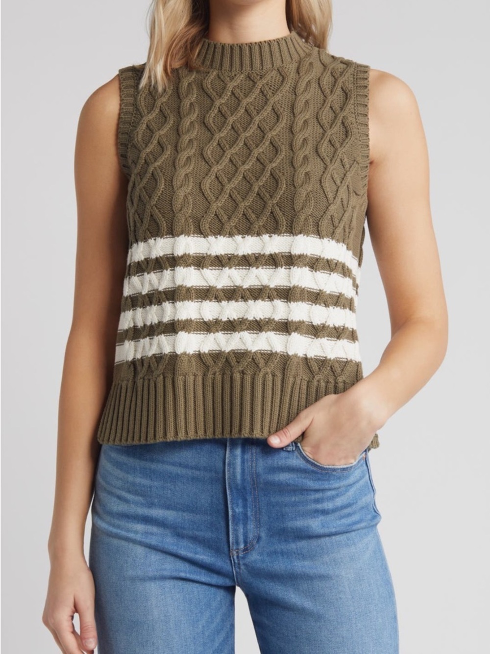 Caslon Cable Knit Pima Cotton Sweater Vest in Olive- Ivory Stripe Sz Large NWOT